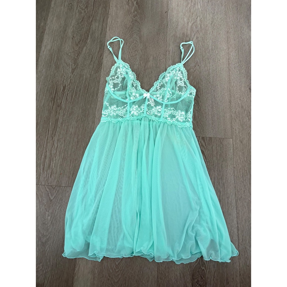 La Vie en Rose Mint Aqua Lace Mesh Babydoll Chemise Lingerie Medium